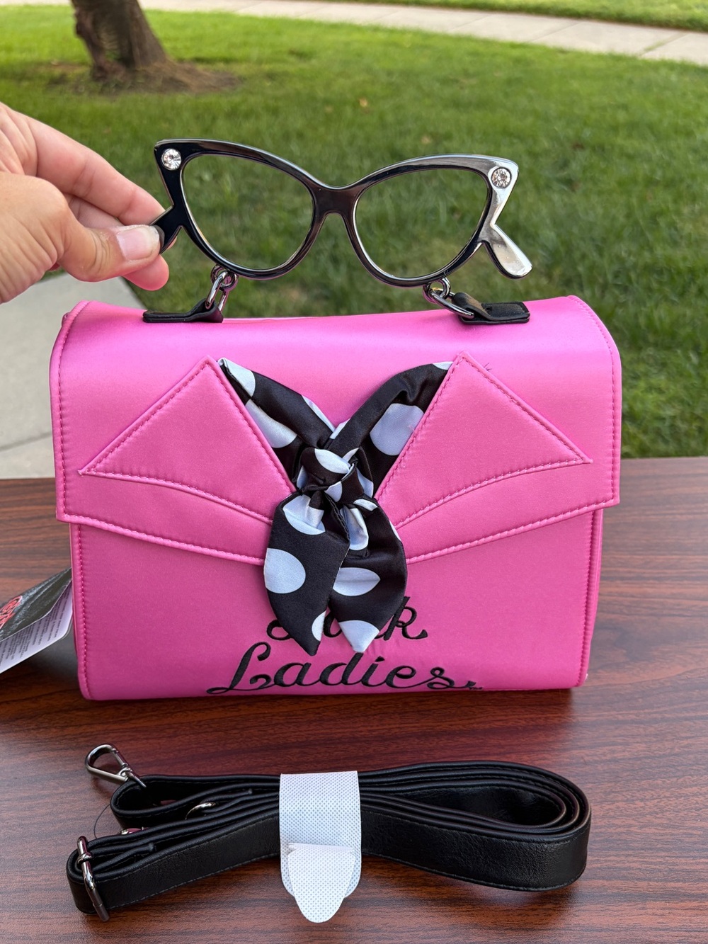 Loungefly Grease Pink Ladies Jacket Crossbody Bag Glasses Handle NWT